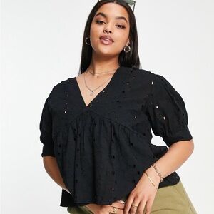 ASOS broderie smock top with peplum hem & puff sleeve in black